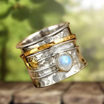 Star and moon moonstone spinner ring – subtle sparkle