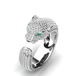 Adjustable jaguar ring made of 18K silver and 18K rose gold with green zirconia eyes – Striking design